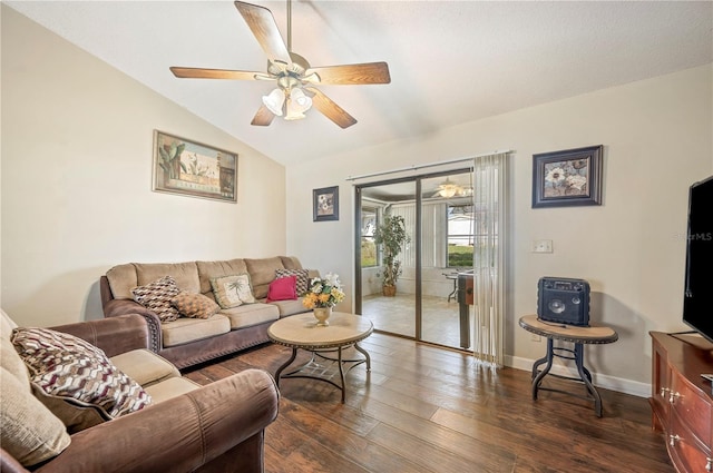 941 Devonshire Way, Lake Wales, FL 33853 - living area featuring dark wood finished floors, lofted ceiling, ceiling fan, and baseboards