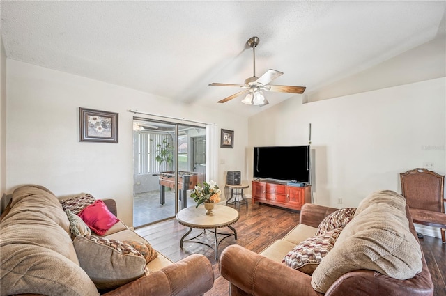941 Devonshire Way, Lake Wales, FL 33853 - living area featuring vaulted ceiling, wood finished floors, and a ceiling fan