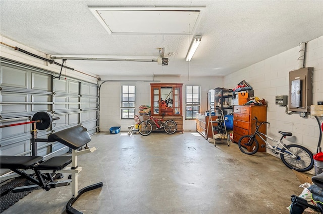 garage featuring electric panel and a garage door opener