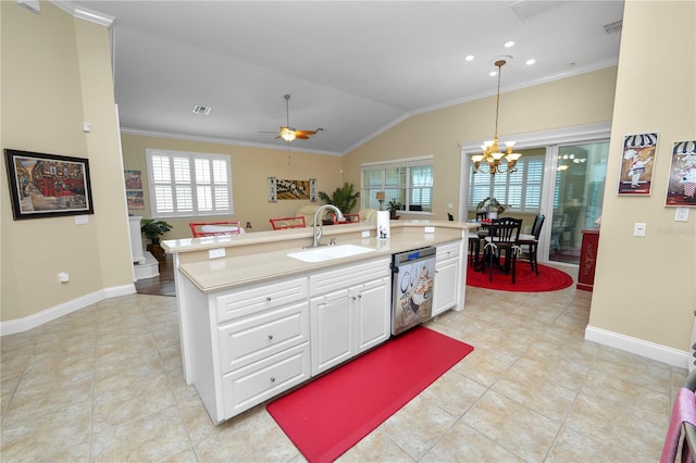 kitchen featuring white cabinets, an island with sink, dishwasher, decorative light fixtures, and sink