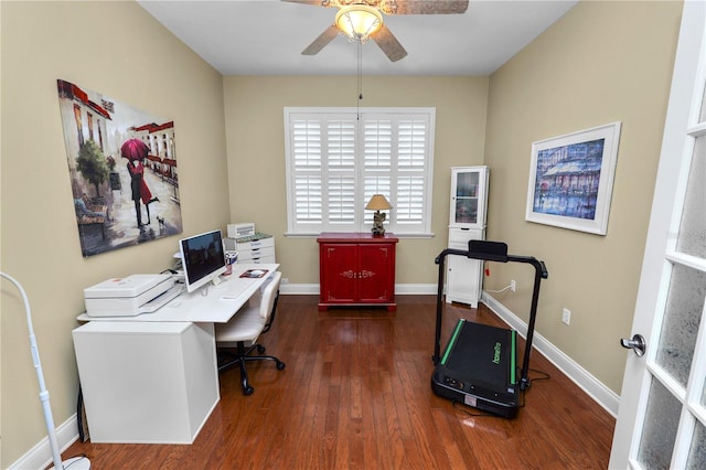 office area featuring ceiling fan and dark hardwood / wood-style flooring