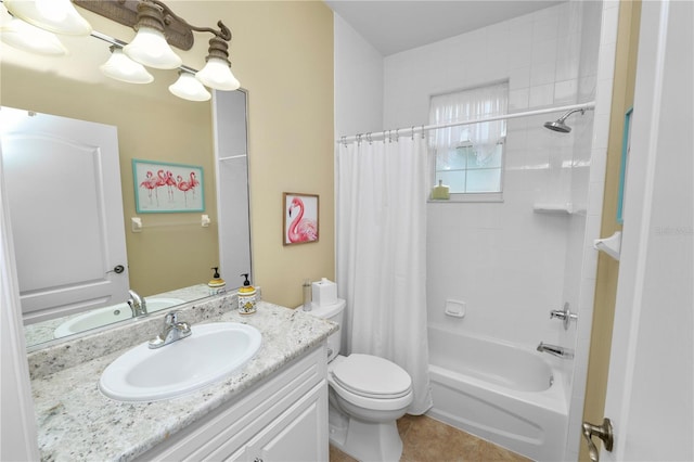 bathroom featuring shower / tub combo with curtain, toilet, vanity, and tile patterned floors