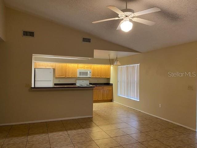 kitchen with a textured ceiling, ceiling fan, light tile patterned flooring, pendant lighting, and white appliances