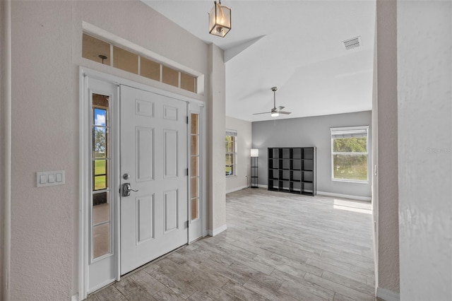 entrance foyer with light wood-type flooring and ceiling fan