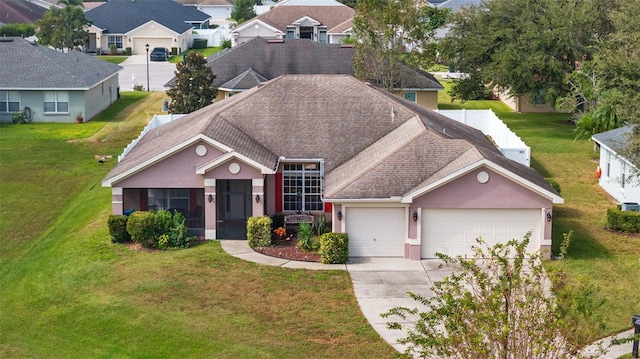 view of front of house with a front yard and a garage