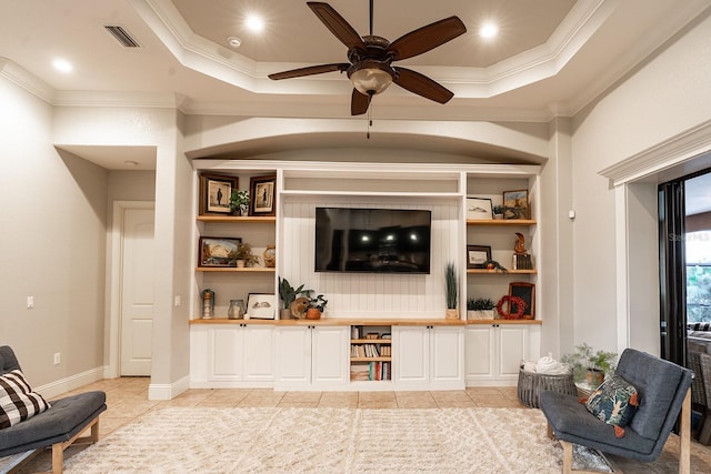 bar featuring ceiling fan, light tile patterned floors, butcher block countertops, and crown molding