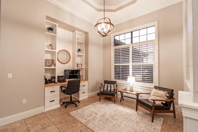 tiled office space featuring crown molding and an inviting chandelier