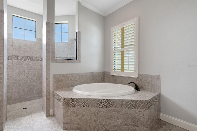 5074 Shore Side Dr, Lakeland, FL 33812 - full bathroom featuring a bath, crown molding, walk in shower, and baseboards