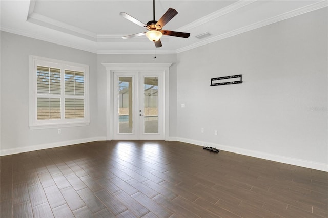 5074 Shore Side Dr, Lakeland, FL 33812 - empty room with french doors, baseboards, a ceiling fan, dark wood-style floors, and crown molding
