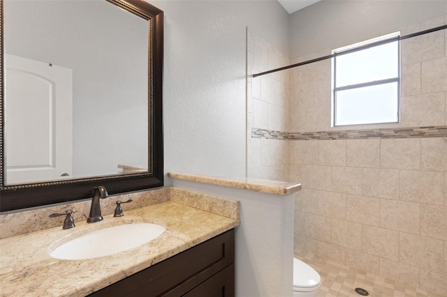 5074 Shore Side Dr, Lakeland, FL 33812 - bathroom with vanity, tiled shower, toilet, and a textured wall