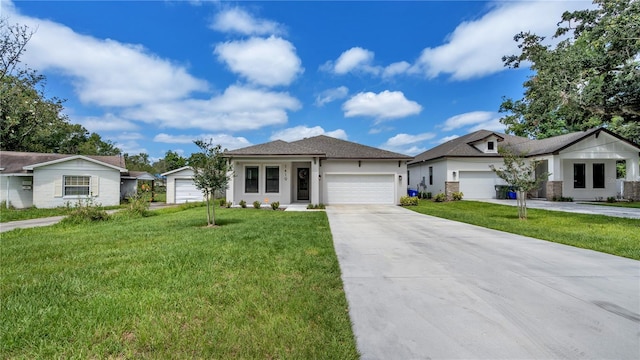 ranch-style home with a front yard and a garage