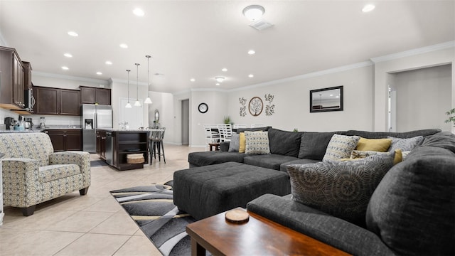 tiled living room with crown molding