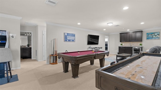 rec room featuring sink, pool table, light carpet, beverage cooler, and crown molding