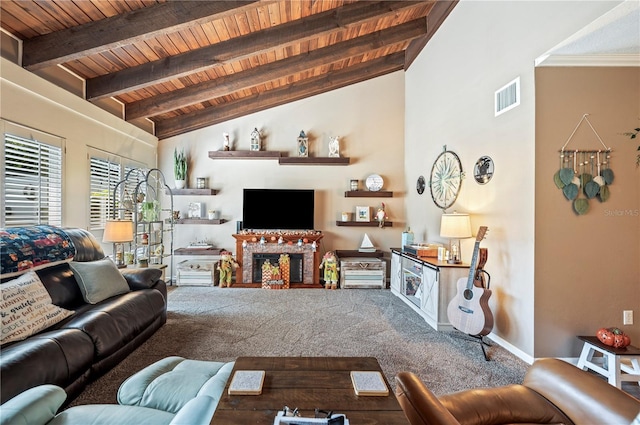 carpeted living room with lofted ceiling with beams and wood ceiling