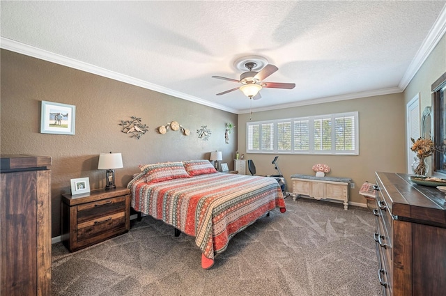 carpeted bedroom with ceiling fan, ornamental molding, and a textured ceiling