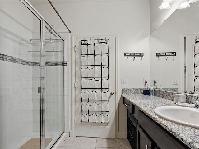 bathroom with tile patterned floors, vanity, and an enclosed shower