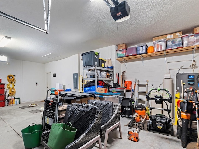 garage with electric panel and a garage door opener