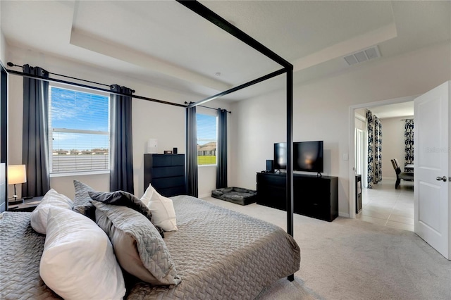 carpeted bedroom featuring a tray ceiling