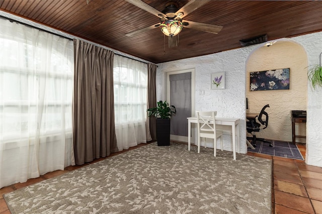 office area with wooden ceiling and ceiling fan