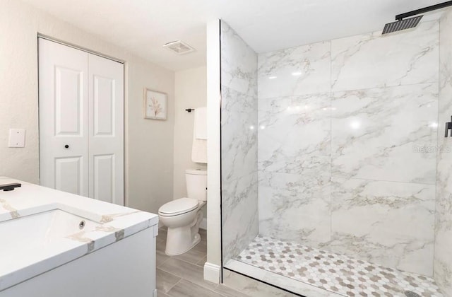 bathroom with toilet, vanity, and a tile shower