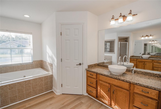 bathroom featuring vanity, wood-type flooring, and plus walk in shower