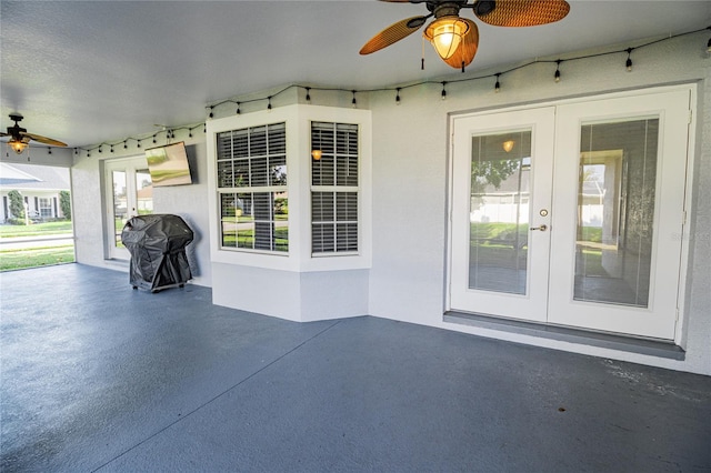 view of patio / terrace featuring french doors, a grill, and ceiling fan