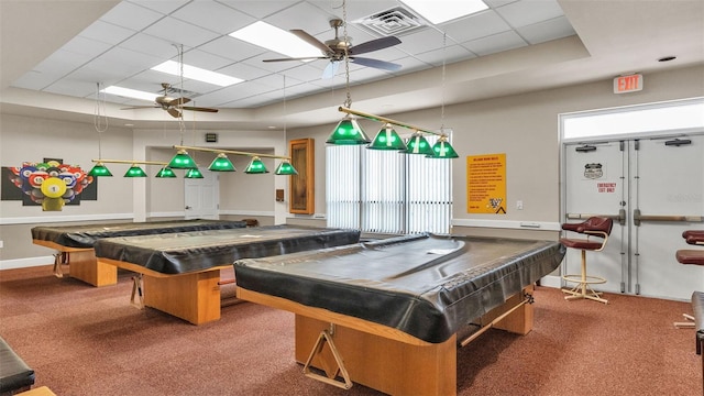 rec room with ceiling fan, carpet flooring, a drop ceiling, and pool table