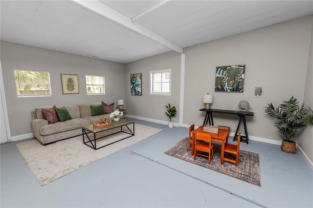 living room with concrete floors