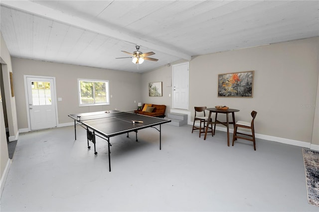 recreation room featuring ceiling fan and vaulted ceiling with beams