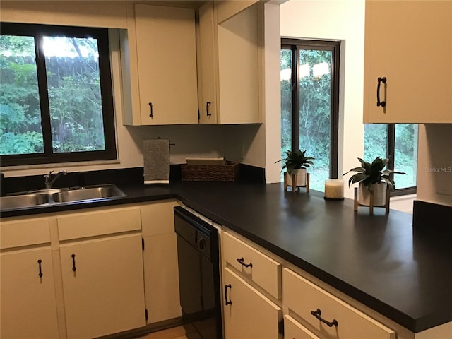 kitchen with white cabinetry, black dishwasher, and sink