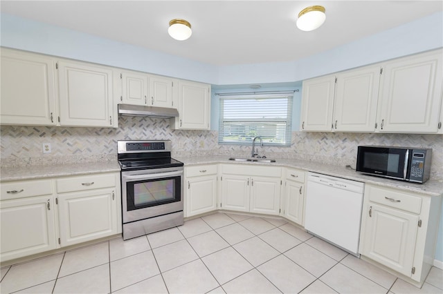 kitchen featuring decorative backsplash, stainless steel electric stove, white dishwasher, sink, and white cabinetry