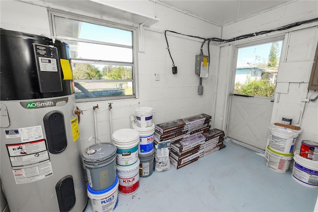 basement with plenty of natural light and heat pump water heater