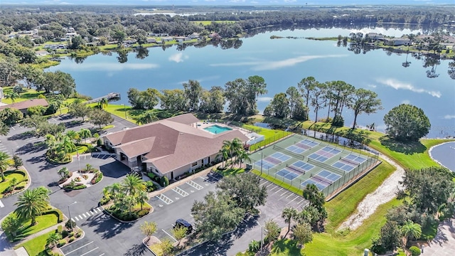 drone / aerial view with a water view