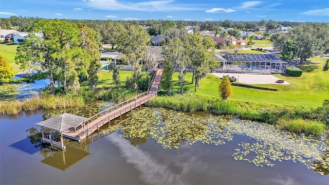 aerial view featuring a water view