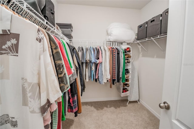 walk in closet with light colored carpet