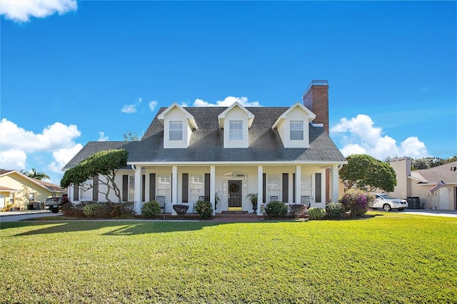 new england style home featuring covered porch and a front lawn