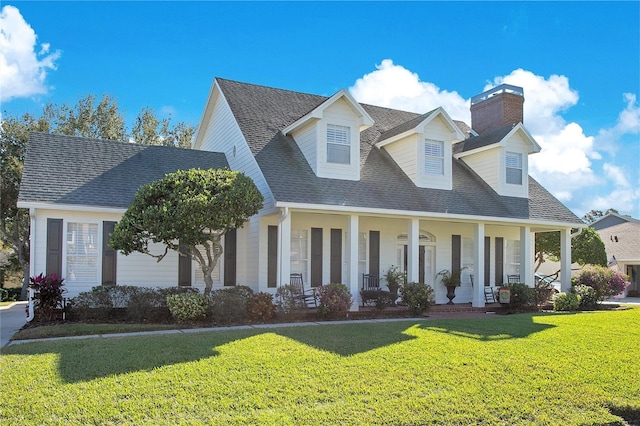 cape cod-style house featuring covered porch and a front lawn