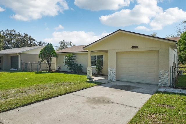 ranch-style house with a front lawn and a garage