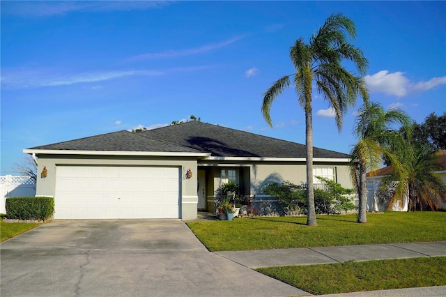 single story home featuring a front lawn and a garage