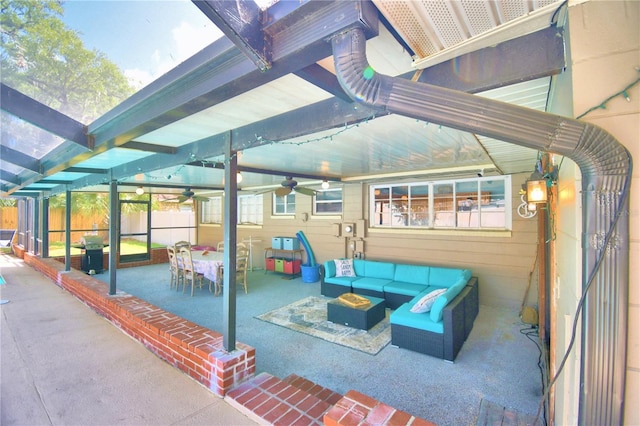 view of patio / terrace with a grill, an outdoor hangout area, and ceiling fan