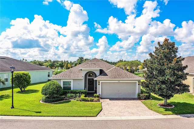 single story home featuring a front lawn and a garage