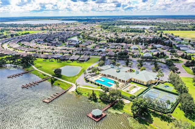 drone / aerial view featuring a water view