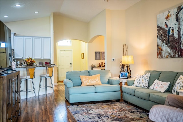 living room featuring high vaulted ceiling and dark hardwood / wood-style flooring