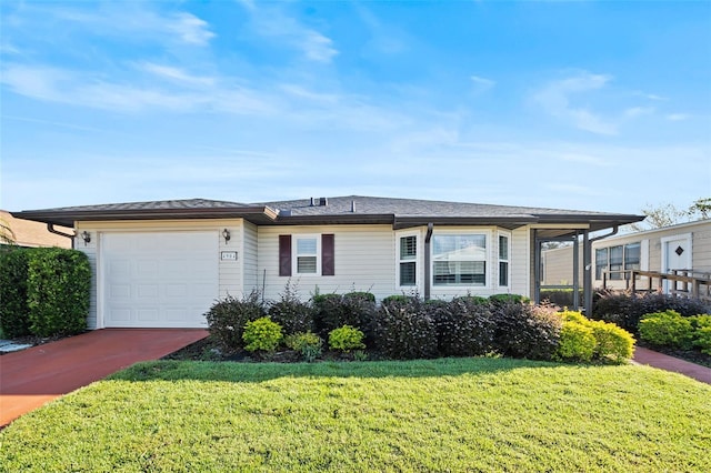 view of front facade with a front lawn, concrete driveway, and an attached garage