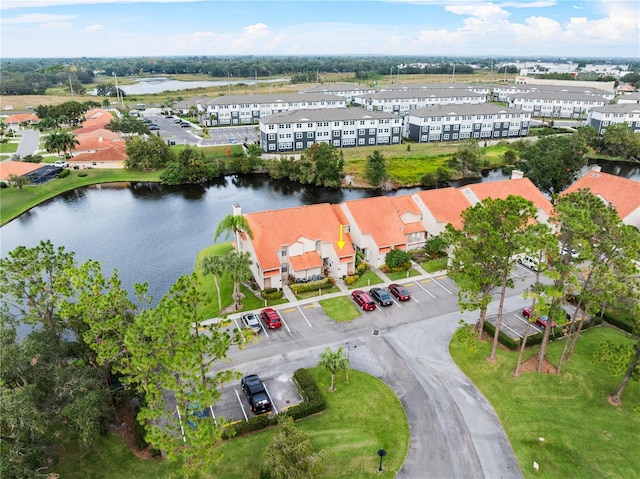 aerial view featuring a water view