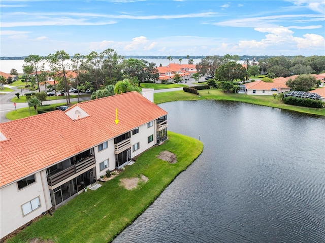 aerial view featuring a water view