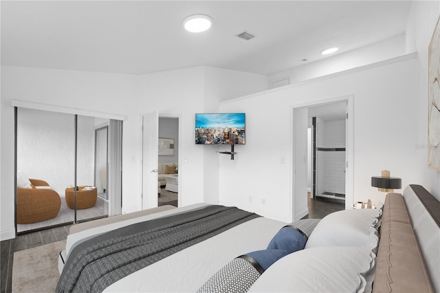 bedroom featuring a closet, ensuite bathroom, and wood-type flooring