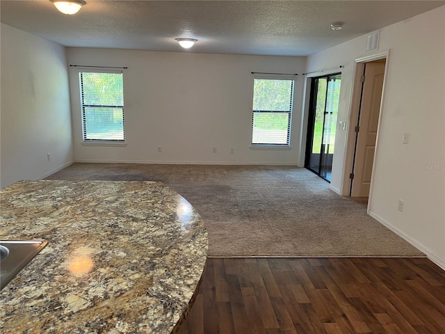 spare room with a textured ceiling, plenty of natural light, and dark hardwood / wood-style floors