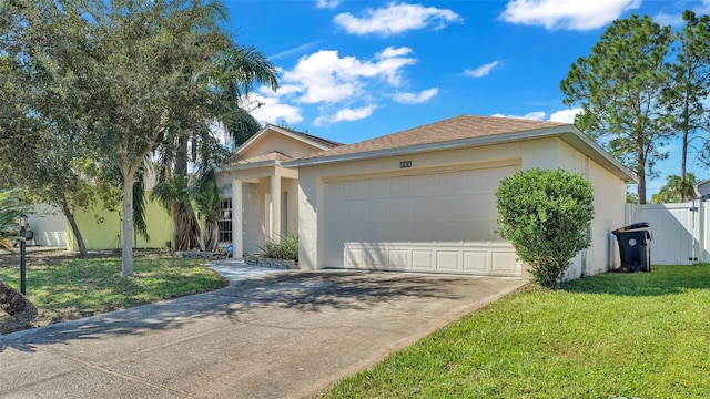 view of front of home with a front yard and a garage