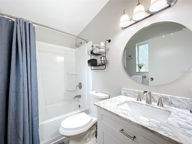 full bathroom featuring toilet, lofted ceiling, vanity, and shower / tub combo